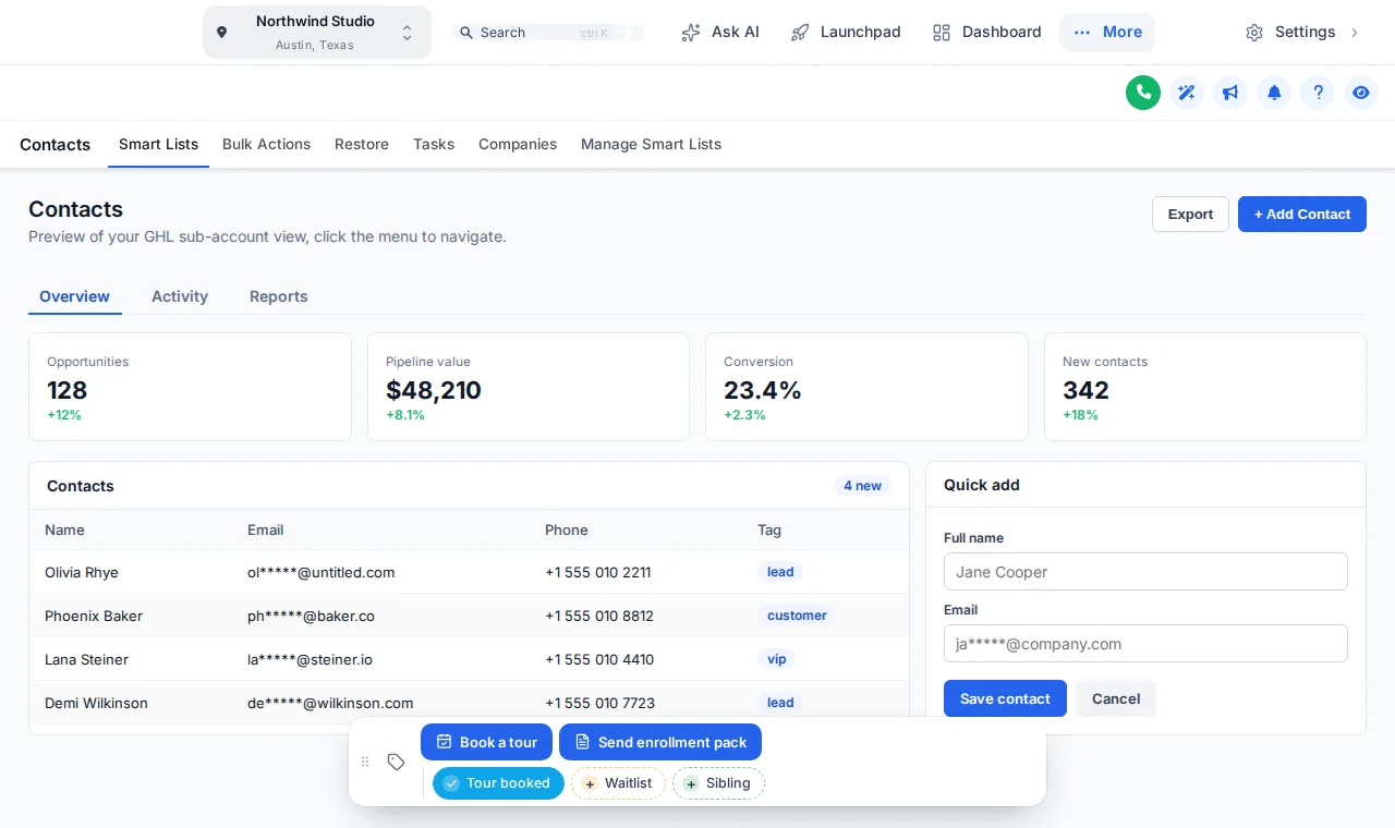 Contact actions bar with Tour booked, Waitlist and Sibling quick tags on a sample GoHighLevel contact page