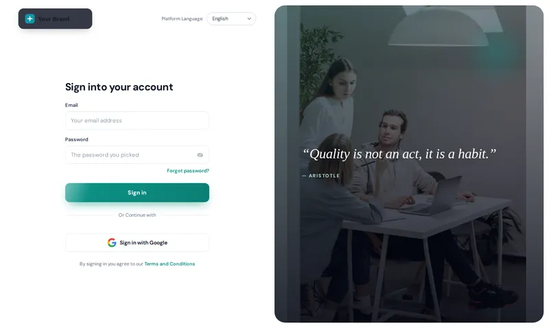 Editorial login page design for GoHighLevel with a large photo panel