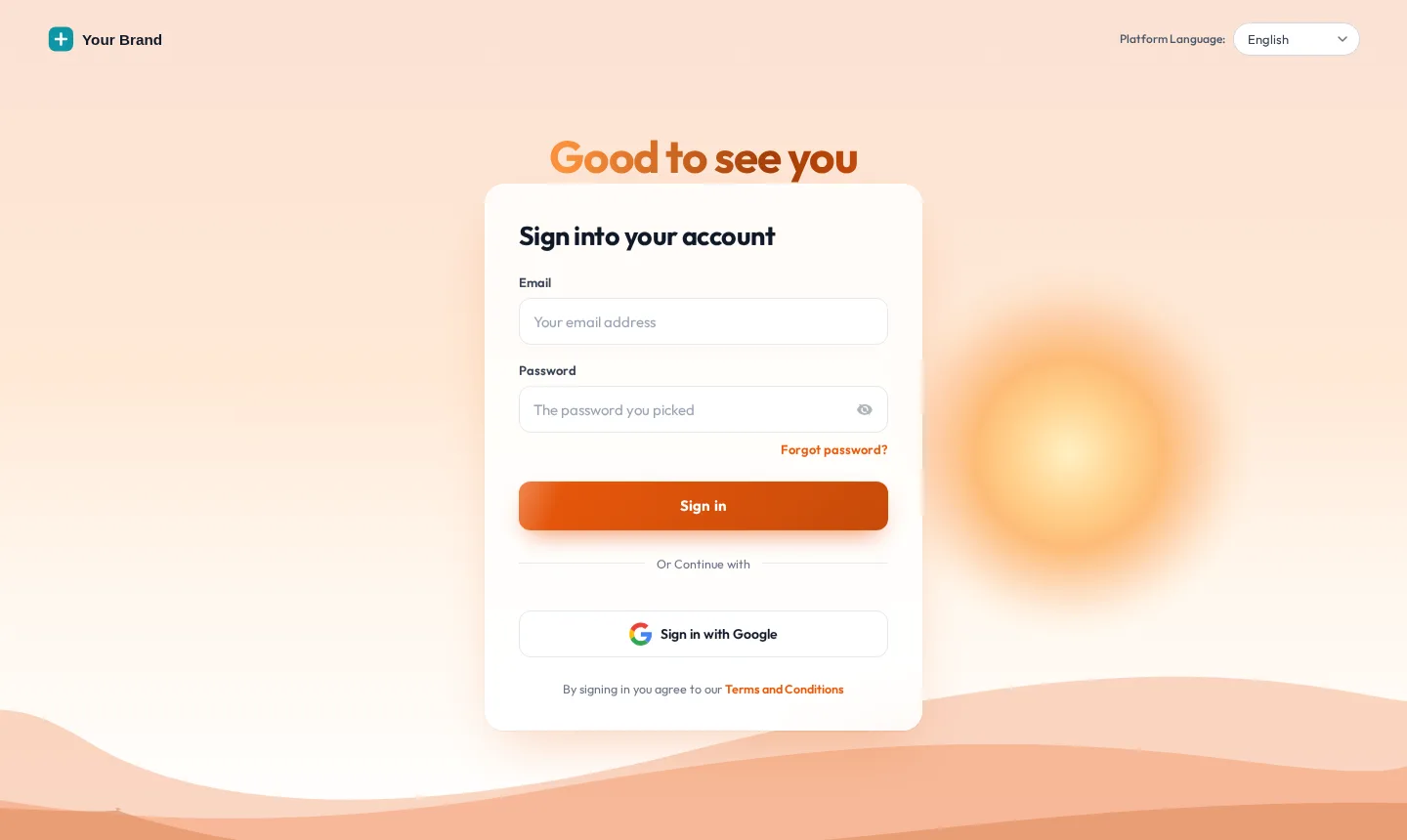 Sunrise hills login design with a warm sky and rolling hills