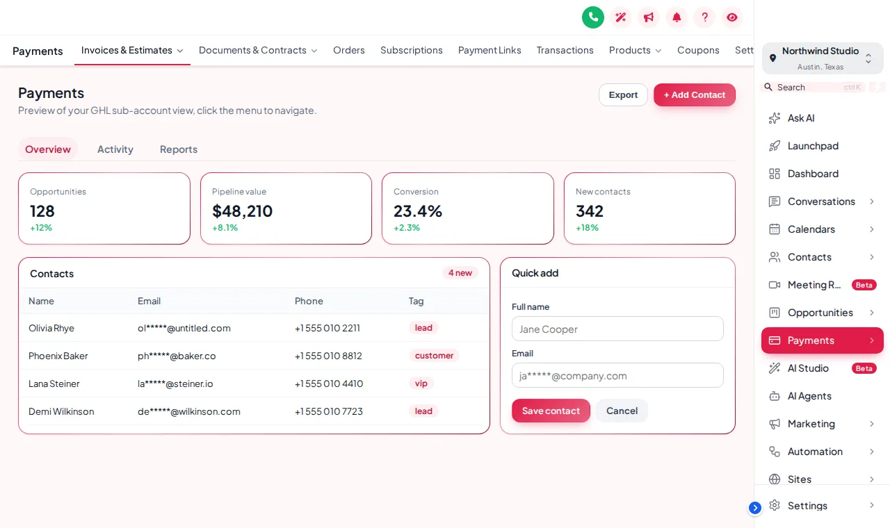 GoHighLevel menu docked on the right with the Creative Agency theme