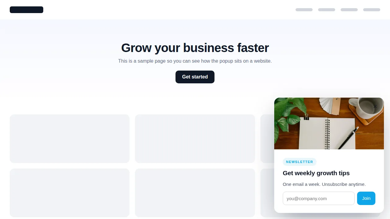 Newsletter slide-in popup in the corner of a sample website